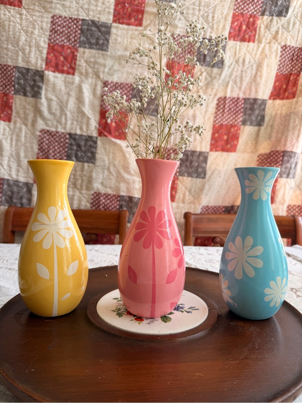 Decorative Pink Ceramic Vase with Floral Motif Vintage Mid Century